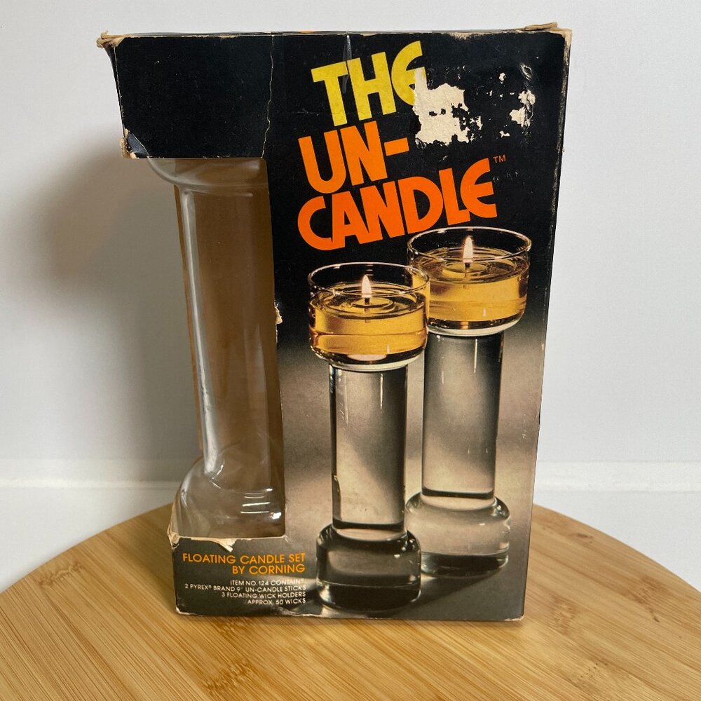 Vintage Corning Pyrex The Un-Candle 124 Glass Floating 9" Candle Set Wicks